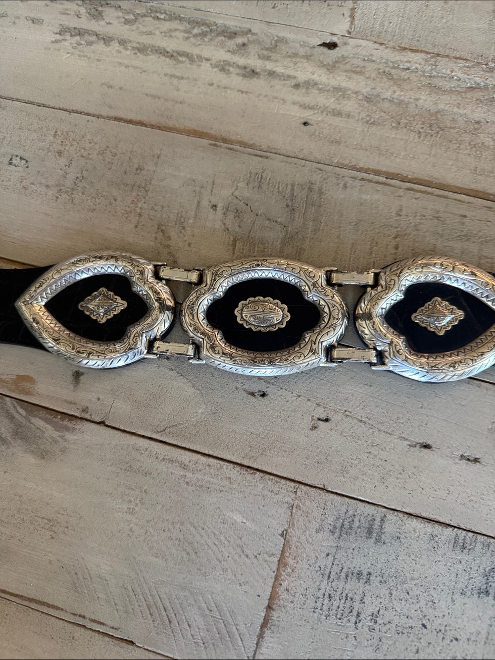 Brighton Silver-Tone Belt with Black Inlay and Ornate Medallions